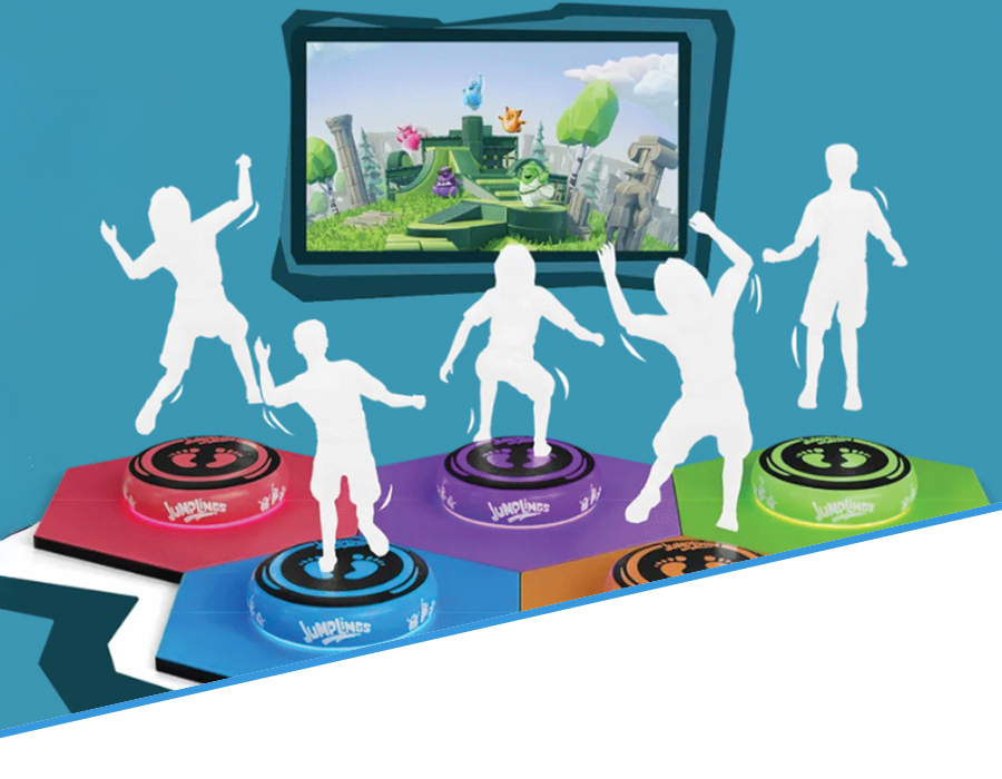 Exciting digital game attraction featuring colorful interactive jump pads and a large screen displaying a vibrant virtual world, with silhouettes of children actively jumping and playing—marked with a 'Coming Soon!' sign