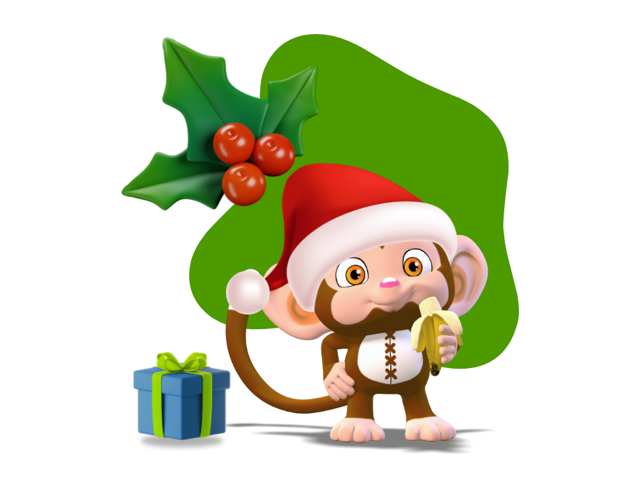 Cute cartoon monkey holding a banana, standing in front of a vibrant green abstract shape with tropical leaves, ideal for playful or child-friendly website designs.