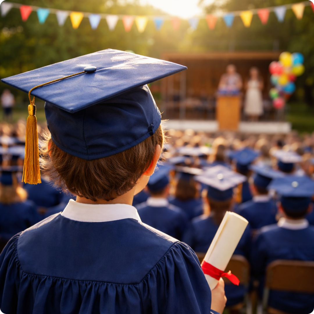 Young children dressed in blue graduation gowns and caps, celebrating a graduation ceremony at Lil' Monkeys indoor playground